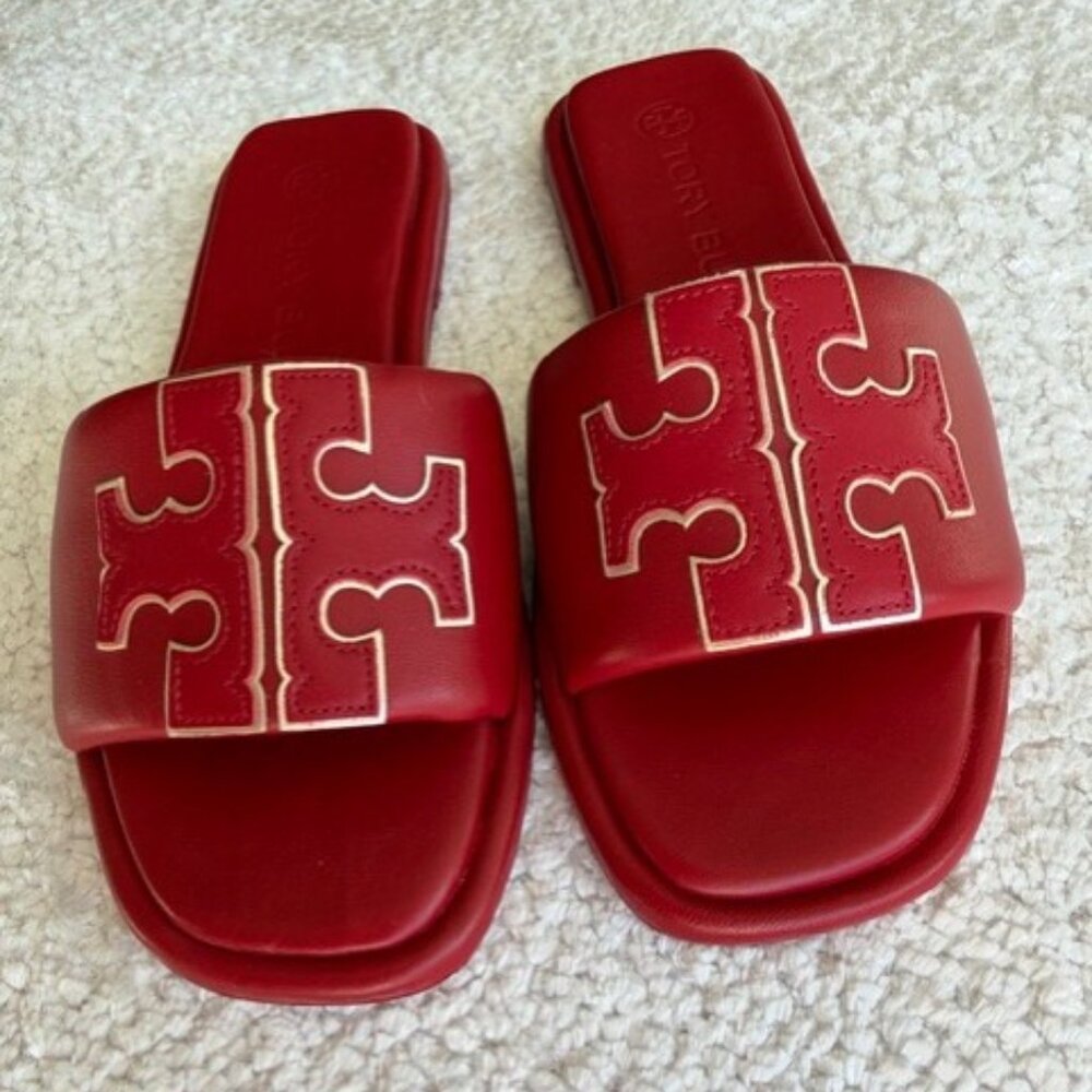 NWT Tory Burch Red/Gold Women's Double T Sport Slide Sandals Size 6